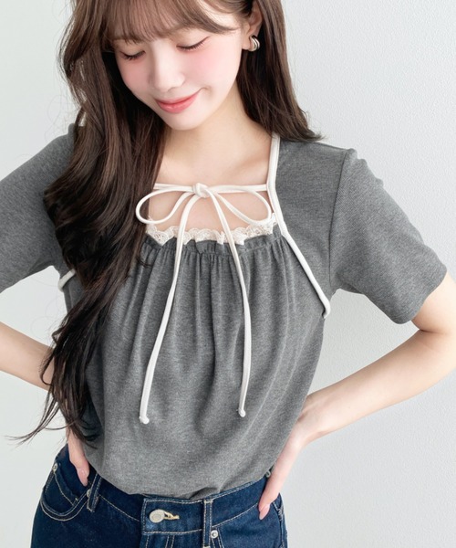 moment+(モーメントプラス)の「レイヤードデザインデコルテリボンリブカットソー半袖トップス(Tシャツ/カットソー・レディース・ホワイト系その他/ネイビー/ブラック/杢グレー/アイボリー/イエロー系その他/ブラック系その他・L/M)」の5枚目の写真
