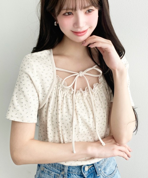 moment+(モーメントプラス)の「レイヤードデザインデコルテリボンリブカットソー半袖トップス(Tシャツ/カットソー・レディース・ホワイト系その他/ネイビー/ブラック/杢グレー/アイボリー/イエロー系その他/ブラック系その他・L/M)」の7枚目の写真