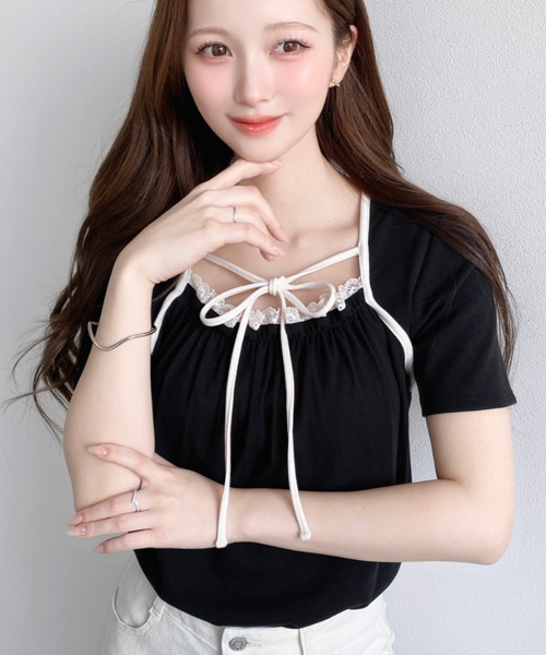 moment+(モーメントプラス)の「レイヤードデザインデコルテリボンリブカットソー半袖トップス(Tシャツ/カットソー・レディース・ホワイト系その他/ネイビー/ブラック/杢グレー/アイボリー/イエロー系その他/ブラック系その他・L/M)」の3枚目の写真