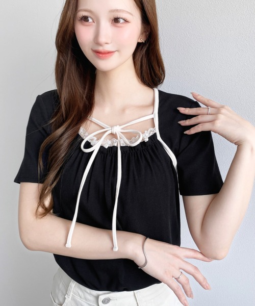 moment+(モーメントプラス)の「レイヤードデザインデコルテリボンリブカットソー半袖トップス(Tシャツ/カットソー・レディース・ホワイト系その他/ネイビー/ブラック/杢グレー/アイボリー/イエロー系その他/ブラック系その他・L/M)」の20枚目の写真