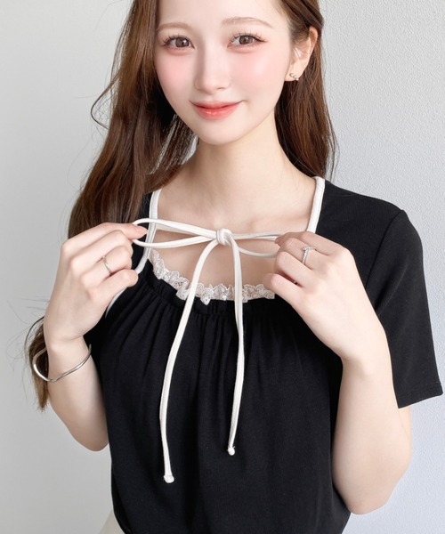 moment+(モーメントプラス)の「レイヤードデザインデコルテリボンリブカットソー半袖トップス(Tシャツ/カットソー・レディース・ホワイト系その他/ネイビー/ブラック/杢グレー/アイボリー/イエロー系その他/ブラック系その他・L/M)」の21枚目の写真