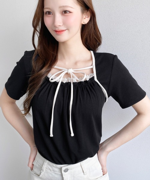 moment+(モーメントプラス)の「レイヤードデザインデコルテリボンリブカットソー半袖トップス(Tシャツ/カットソー・レディース・ホワイト系その他/ネイビー/ブラック/杢グレー/アイボリー/イエロー系その他/ブラック系その他・L/M)」の22枚目の写真