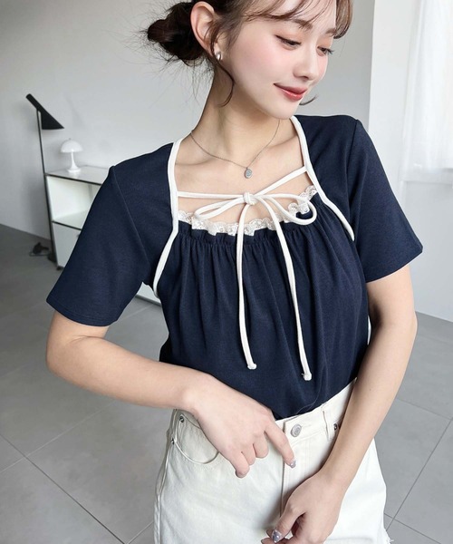 moment+(モーメントプラス)の「レイヤードデザインデコルテリボンリブカットソー半袖トップス(Tシャツ/カットソー・レディース・ホワイト系その他/ネイビー/ブラック/杢グレー/アイボリー/イエロー系その他/ブラック系その他・L/M)」の15枚目の写真