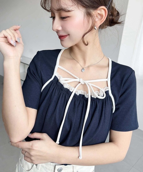 moment+(モーメントプラス)の「レイヤードデザインデコルテリボンリブカットソー半袖トップス(Tシャツ/カットソー・レディース・ホワイト系その他/ネイビー/ブラック/杢グレー/アイボリー/イエロー系その他/ブラック系その他・L/M)」の16枚目の写真
