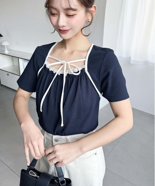 moment+(モーメントプラス)の「レイヤードデザインデコルテリボンリブカットソー半袖トップス(Tシャツ/カットソー・レディース・ホワイト系その他/ネイビー/ブラック/杢グレー/アイボリー/イエロー系その他/ブラック系その他・L/M)」の12枚目の写真