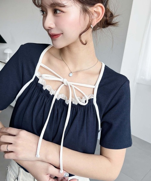 moment+(モーメントプラス)の「レイヤードデザインデコルテリボンリブカットソー半袖トップス(Tシャツ/カットソー・レディース・ホワイト系その他/ネイビー/ブラック/杢グレー/アイボリー/イエロー系その他/ブラック系その他・L/M)」の13枚目の写真