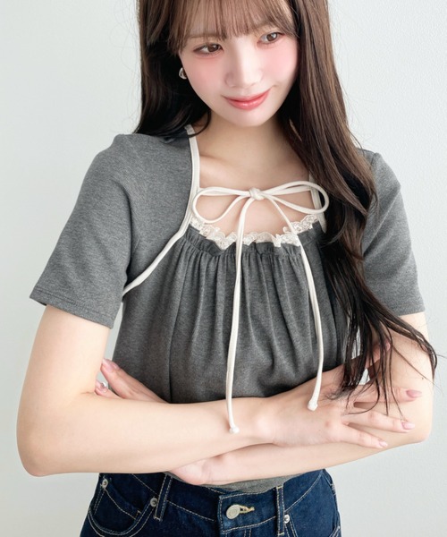 moment+(モーメントプラス)の「レイヤードデザインデコルテリボンリブカットソー半袖トップス(Tシャツ/カットソー・レディース・ホワイト系その他/ネイビー/ブラック/杢グレー/アイボリー/イエロー系その他/ブラック系その他・L/M)」の18枚目の写真