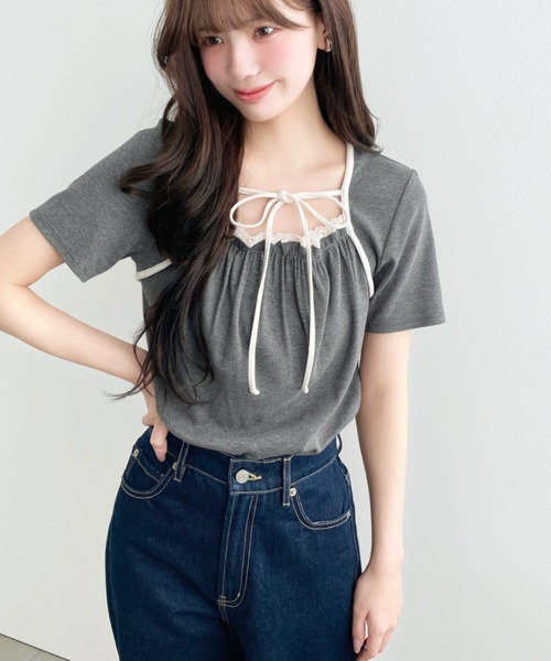 moment+(モーメントプラス)の「レイヤードデザインデコルテリボンリブカットソー半袖トップス(Tシャツ/カットソー・レディース・ホワイト系その他/ネイビー/ブラック/杢グレー/アイボリー/イエロー系その他/ブラック系その他・L/M)」の14枚目の写真
