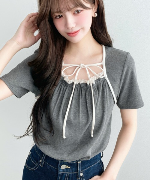 moment+(モーメントプラス)の「レイヤードデザインデコルテリボンリブカットソー半袖トップス(Tシャツ/カットソー・レディース・ホワイト系その他/ネイビー/ブラック/杢グレー/アイボリー/イエロー系その他/ブラック系その他・L/M)」の17枚目の写真