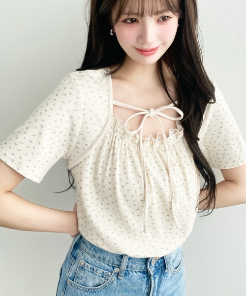 moment+(モーメントプラス)の「レイヤードデザインデコルテリボンリブカットソー半袖トップス(Tシャツ/カットソー・レディース・ホワイト系その他/ネイビー/ブラック/杢グレー/アイボリー/イエロー系その他/ブラック系その他・L/M)」の10枚目の写真