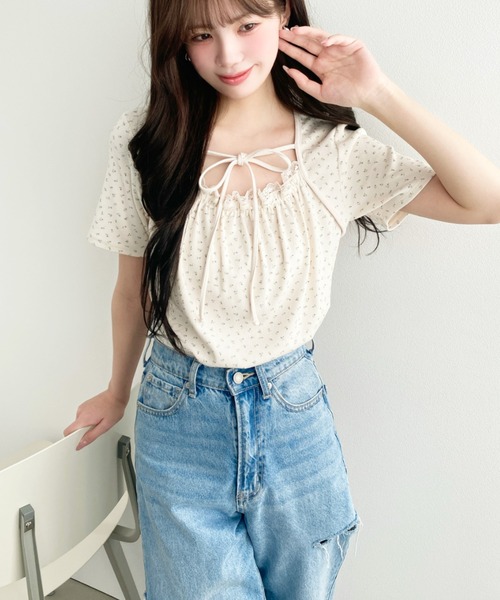 moment+(モーメントプラス)の「レイヤードデザインデコルテリボンリブカットソー半袖トップス(Tシャツ/カットソー・レディース・ホワイト系その他/ネイビー/ブラック/杢グレー/アイボリー/イエロー系その他/ブラック系その他・L/M)」の11枚目の写真