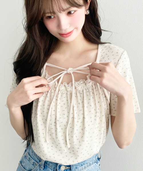moment+(モーメントプラス)の「レイヤードデザインデコルテリボンリブカットソー半袖トップス(Tシャツ/カットソー・レディース・ホワイト系その他/ネイビー/ブラック/杢グレー/アイボリー/イエロー系その他/ブラック系その他・L/M)」の9枚目の写真