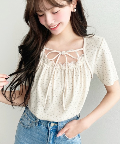 moment+(モーメントプラス)の「レイヤードデザインデコルテリボンリブカットソー半袖トップス(Tシャツ/カットソー・レディース・ホワイト系その他/ネイビー/ブラック/杢グレー/アイボリー/イエロー系その他/ブラック系その他・L/M)」の8枚目の写真