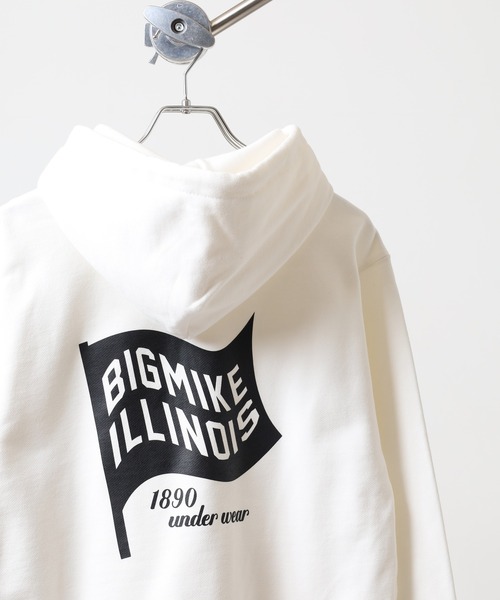 BIG MIKE(ビッグマイク)の「BIGMIKE 裏毛 プリント長袖パーカー/フーディー(パーカー・レディース・グリーン系1/ホワイト/グレー系/ブラック系2/ブラック系1/ブラック系/ブラック/アッシュグレー/杢グレー/グリーン/グリーン系・XL/L/M)」の2枚目の写真