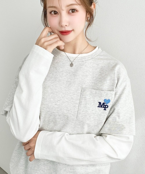 moment+(モーメントプラス)の「レイヤードライク配色ポケット刺繍ロンT(Tシャツ/カットソー・レディース・ネイビー/オートミール/オフホワイト・M)」の1枚目の写真