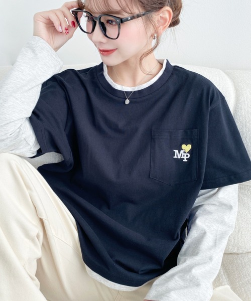 moment+(モーメントプラス)の「レイヤードライク配色ポケット刺繍ロンT(Tシャツ/カットソー・レディース・ネイビー/オートミール/オフホワイト・M)」の3枚目の写真
