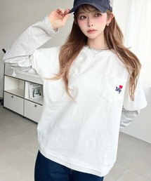 レイヤードライク配色ポケット刺繍ロンT