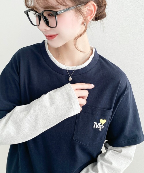 moment+(モーメントプラス)の「レイヤードライク配色ポケット刺繍ロンT(Tシャツ/カットソー・レディース・ネイビー/オートミール/オフホワイト・M)」の9枚目の写真