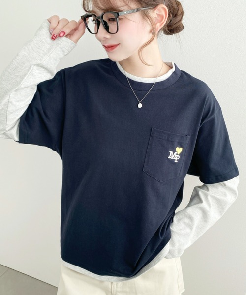 moment+(モーメントプラス)の「レイヤードライク配色ポケット刺繍ロンT(Tシャツ/カットソー・レディース・ネイビー/オートミール/オフホワイト・M)」の10枚目の写真