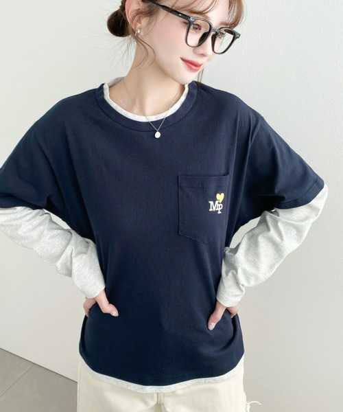 moment+(モーメントプラス)の「レイヤードライク配色ポケット刺繍ロンT(Tシャツ/カットソー・レディース・ネイビー/オートミール/オフホワイト・M)」の8枚目の写真