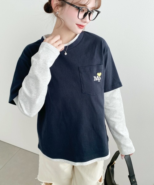 moment+(モーメントプラス)の「レイヤードライク配色ポケット刺繍ロンT(Tシャツ/カットソー・レディース・ネイビー/オートミール/オフホワイト・M)」の12枚目の写真