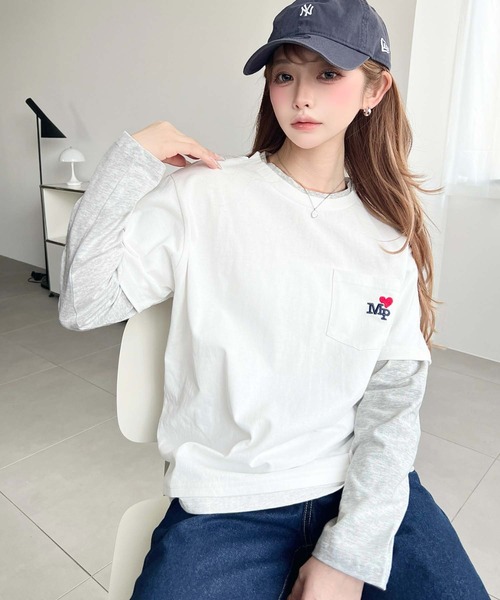 moment+(モーメントプラス)の「レイヤードライク配色ポケット刺繍ロンT(Tシャツ/カットソー・レディース・ネイビー/オートミール/オフホワイト・M)」の7枚目の写真