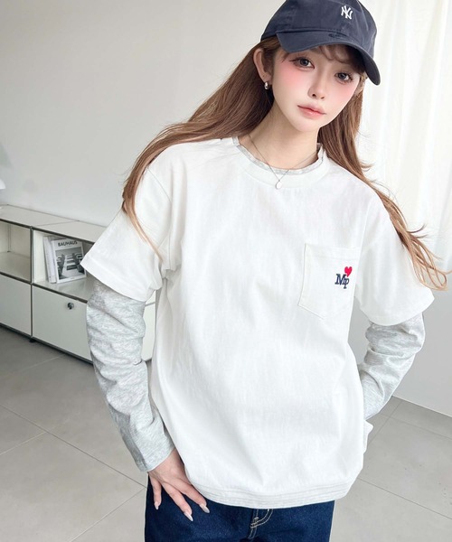 moment+(モーメントプラス)の「レイヤードライク配色ポケット刺繍ロンT(Tシャツ/カットソー・レディース・ネイビー/オートミール/オフホワイト・M)」の5枚目の写真