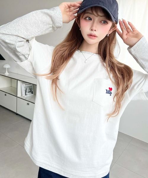 moment+(モーメントプラス)の「レイヤードライク配色ポケット刺繍ロンT(Tシャツ/カットソー・レディース・ネイビー/オートミール/オフホワイト・M)」の4枚目の写真