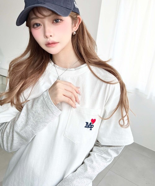moment+(モーメントプラス)の「レイヤードライク配色ポケット刺繍ロンT(Tシャツ/カットソー・レディース・ネイビー/オートミール/オフホワイト・M)」の6枚目の写真