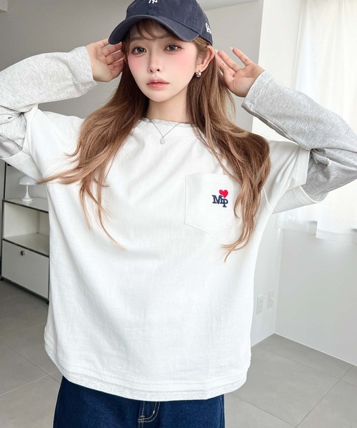 moment+(モーメントプラス)の「レイヤードライク配色ポケット刺繍ロンT(Tシャツ/カットソー・レディース・ネイビー/オートミール/オフホワイト・M)」の13枚目の写真