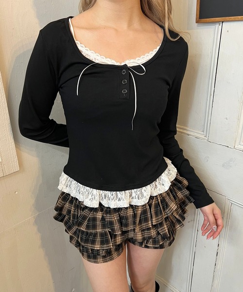 PHILLY(フィリー)の「ヘンリーレースレイヤードトップス(Tシャツ/カットソー・レディース・ブラック/グレー/ホワイト・FREE)」の2枚目の写真