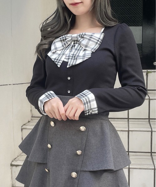 abc une face(アーベーセーアンフェイス)の「リボンレイヤードトップス(Tシャツ/カットソー・レディース・ブラック/ブラック系その他/ネイビー/ホワイト/ピンク・FREE)」の2枚目の写真