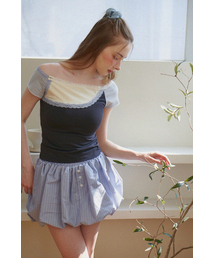 HHIPS（ダブルヒップス）の「Dot color blocking lace off-shoulder short sleeve T-shirt (yellow+charcoal)（Tシャツ/カットソー）」