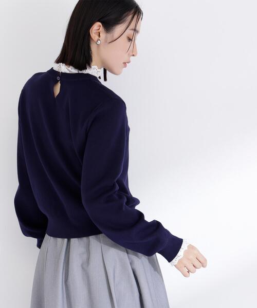 NATURAL BEAUTY BASIC（ナチュラルビューティーベーシック）の「◇レースフリルドッキングニット（ニット/セーター・レディース・ライトグリーン/ネイビー/グレー/オフホワイト・FREE）」の5枚目の写真