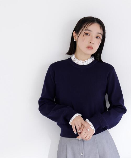 NATURAL BEAUTY BASIC（ナチュラルビューティーベーシック）の「◇レースフリルドッキングニット（ニット/セーター・レディース・ライトグリーン/ネイビー/グレー/オフホワイト・FREE）」の7枚目の写真