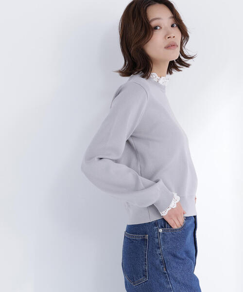 NATURAL BEAUTY BASIC（ナチュラルビューティーベーシック）の「◇レースフリルドッキングニット（ニット/セーター・レディース・ライトグリーン/ネイビー/グレー/オフホワイト・FREE）」の2枚目の写真