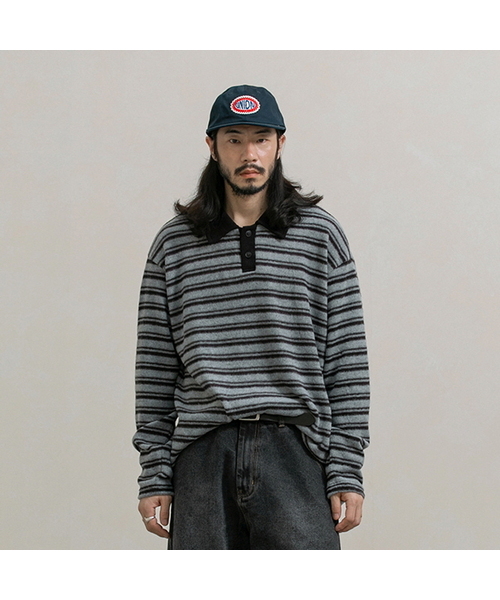 RUGGED HOUSE(ラギッドハウス)の「ジェイストライプカラー裏起毛ロングスリーブ2カラー(ポロシャツ・メンズ・ブラック/ブラウン・FREE)」の1枚目の写真