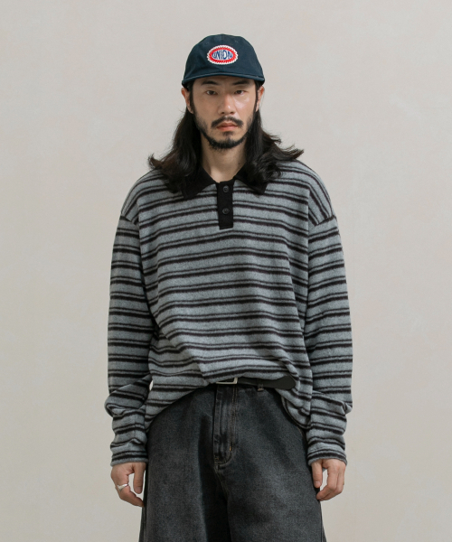 RUGGED HOUSE(ラギッドハウス)の「ジェイストライプカラー裏起毛ロングスリーブ2カラー(ポロシャツ・メンズ・ブラック/ブラウン・FREE)」の3枚目の写真