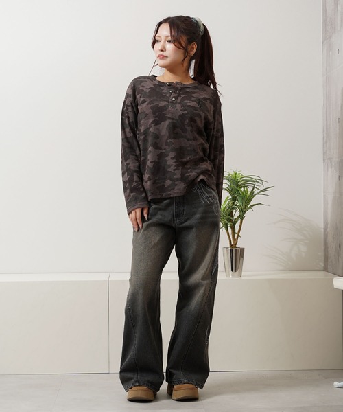 専用です★Henly テンジク T ブラウンB カモフラージュ サーマル ヘンリーネック ロングスリーブ Tシャツ