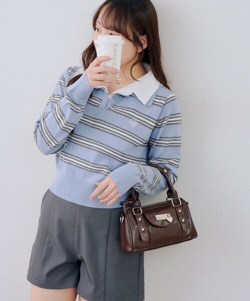continuer de NICE CLAUP（コンティニューデナイスクラップ）の「【一枚で旬な着こなしに】スキッパー布帛ポロニット（ニット/セーター・レディース・トップグレー/アイボリー/ネイビー/その他2/その他1・FREE）」の4枚目の写真