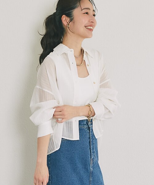 ストライプシアークロップドシャツ（シャツ/ブラウス）｜La boutique