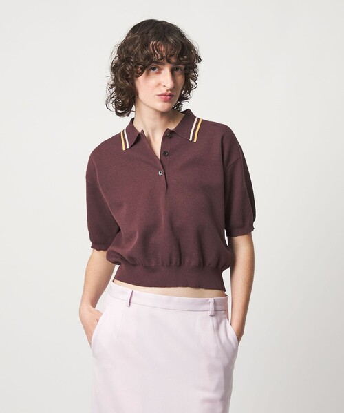 6（ロク）の「＜6(ROKU)＞カラーライン ポロニット（ニット/セーター・レディース・オフホワイト/ブラウン系/オリーブ・FREE）」の2枚目の写真