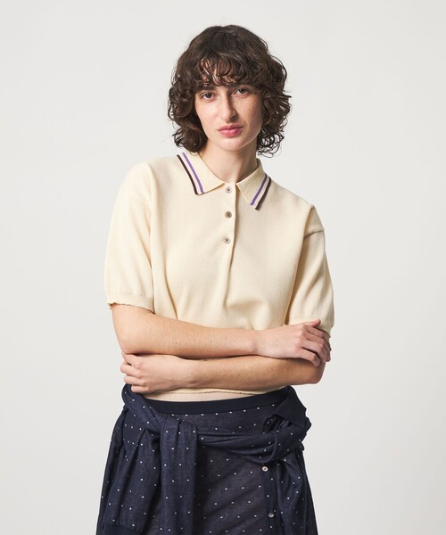 6（ロク）の「＜6(ROKU)＞カラーライン ポロニット（ニット/セーター・レディース・オフホワイト/ブラウン系/オリーブ・FREE）」の5枚目の写真