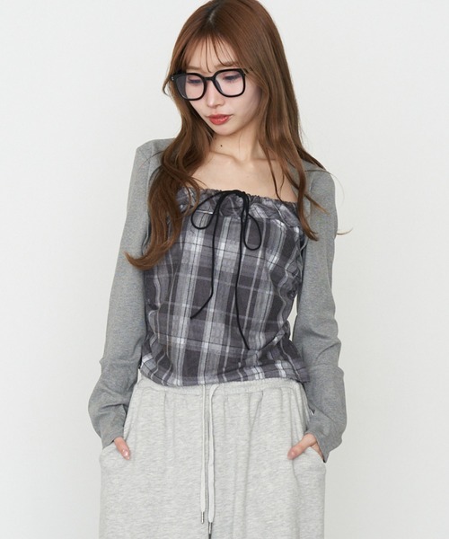 RAY CASSIN（レイカズン）の「【ボーダー / チェック】レイヤードボレロT（Tシャツ/カットソー・レディース・ベージュ系その他2/グレー系その他2/ブラック系その他3/ブルー系その他3・FREE）」の2枚目の写真
