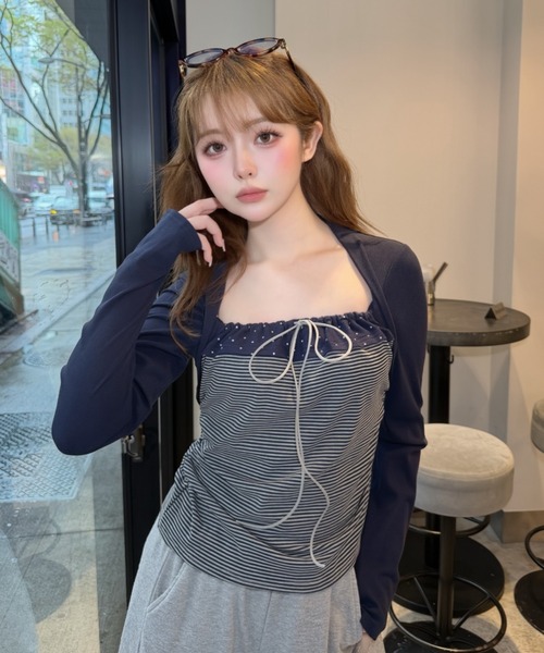 RAY CASSIN（レイカズン）の「【ボーダー / チェック】レイヤードボレロT（Tシャツ/カットソー・レディース・ベージュ系その他2/グレー系その他2/ブラック系その他3/ブルー系その他3・FREE）」の4枚目の写真