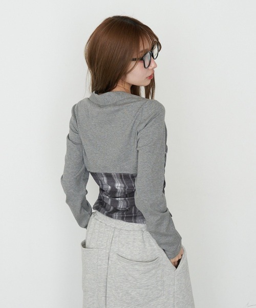 RAY CASSIN（レイカズン）の「【ボーダー / チェック】レイヤードボレロT（Tシャツ/カットソー・レディース・ベージュ系その他2/グレー系その他2/ブラック系その他3/ブルー系その他3・FREE）」の14枚目の写真