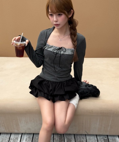 RAY CASSIN（レイカズン）の「【ボーダー / チェック】レイヤードボレロT（Tシャツ/カットソー・レディース・ベージュ系その他2/グレー系その他2/ブラック系その他3/ブルー系その他3・FREE）」の10枚目の写真