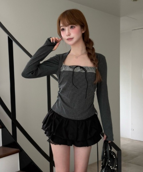 RAY CASSIN（レイカズン）の「【ボーダー / チェック】レイヤードボレロT（Tシャツ/カットソー・レディース・ベージュ系その他2/グレー系その他2/ブラック系その他3/ブルー系その他3・FREE）」の5枚目の写真