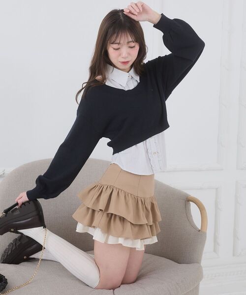 MAJESTIC LEGON(マジェスティックレゴン)の「異素材ティアードミニスカパン(スカート・レディース・グレー/キャメル/アイボリー・MEDIUM)」の3枚目の写真