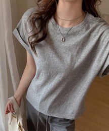 ロールアップ袖ラウンドネックTシャツ